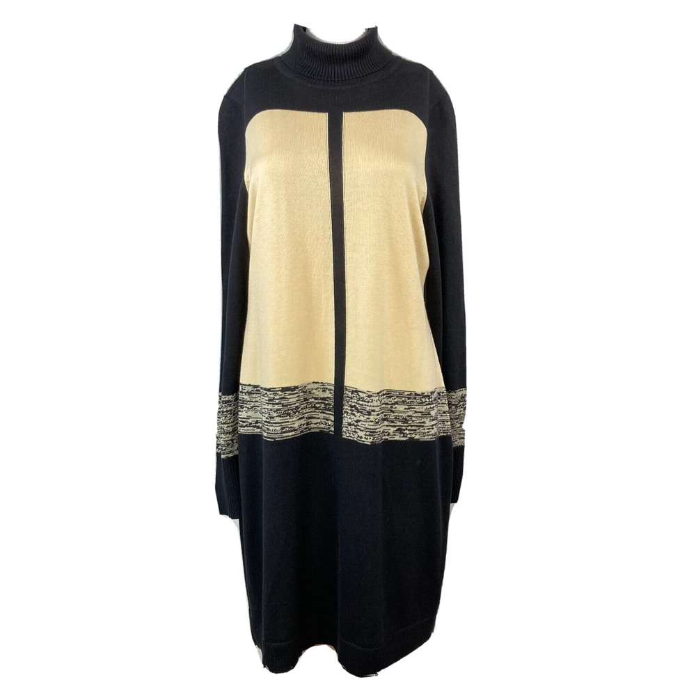 Narciso Rodriguez Dress Womens Sz L Ivory Black Knit Turtleneck Sweater Stretch